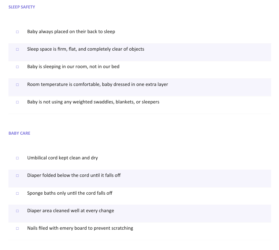 First Week Home Survival Checklist, actual page from the toolkit